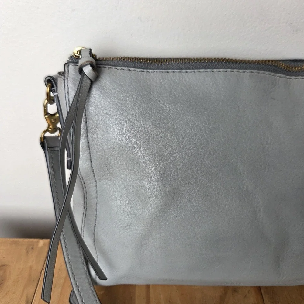 Fossil Gray Leather Crossbody Bag Soft Pebbled Leather Zip Top Key Charm...